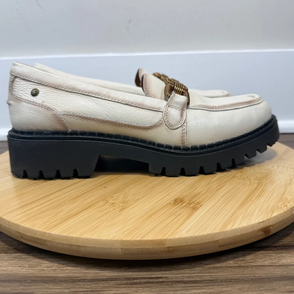 Pikolinos Platform Loafers Womens 40 Cream Leather Lug Sole Chain Chunky Preppy